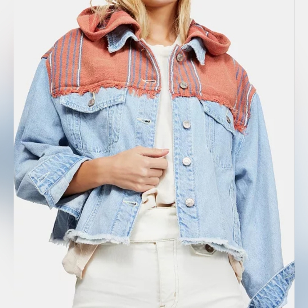 Free People Baja Mixed-Media Hooded Light Wash Denim Jacket Women's Size Small